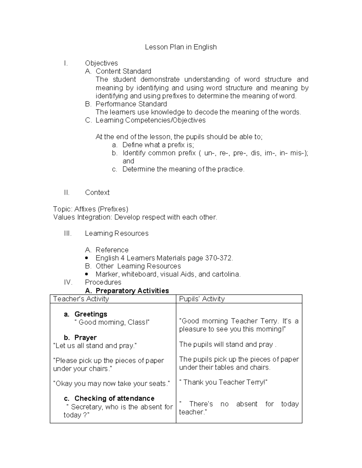 English 4 - LP - Understanding Prefixes in Lesson Plan - Studocu
