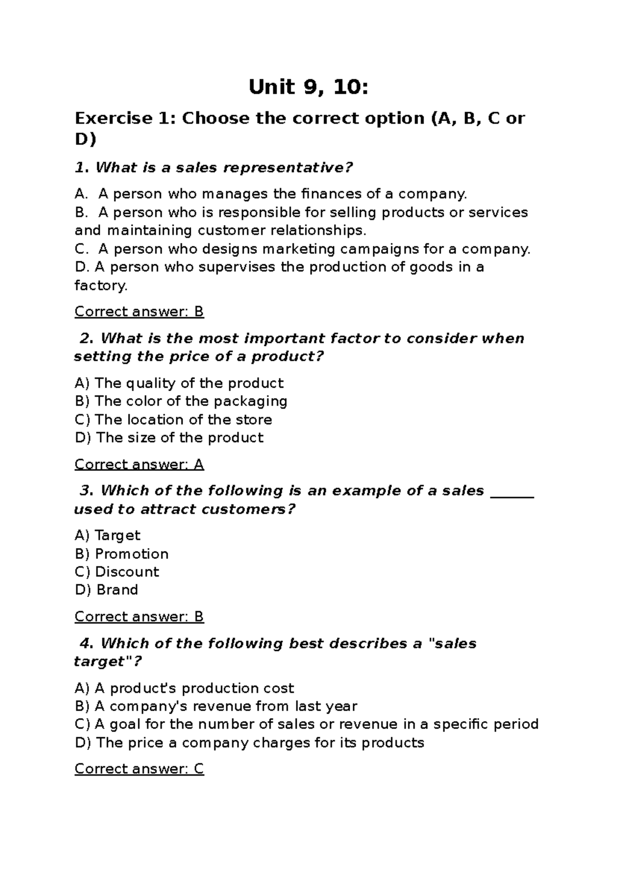 Unit 9, 10: Sales Strategies and Price Management Exercises - Studocu