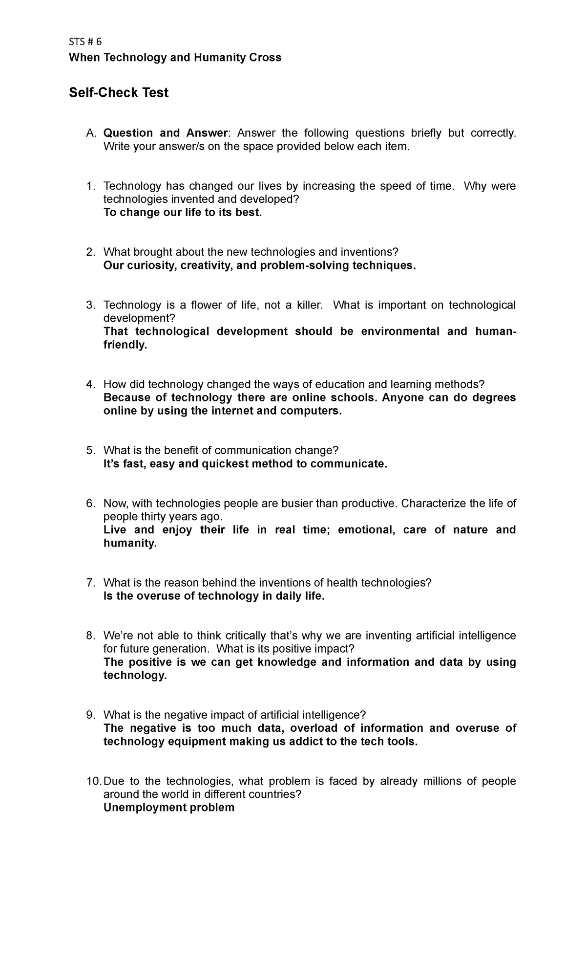 STS QUIZ 6 - The Intersection of Technology and Humanity - Studocu