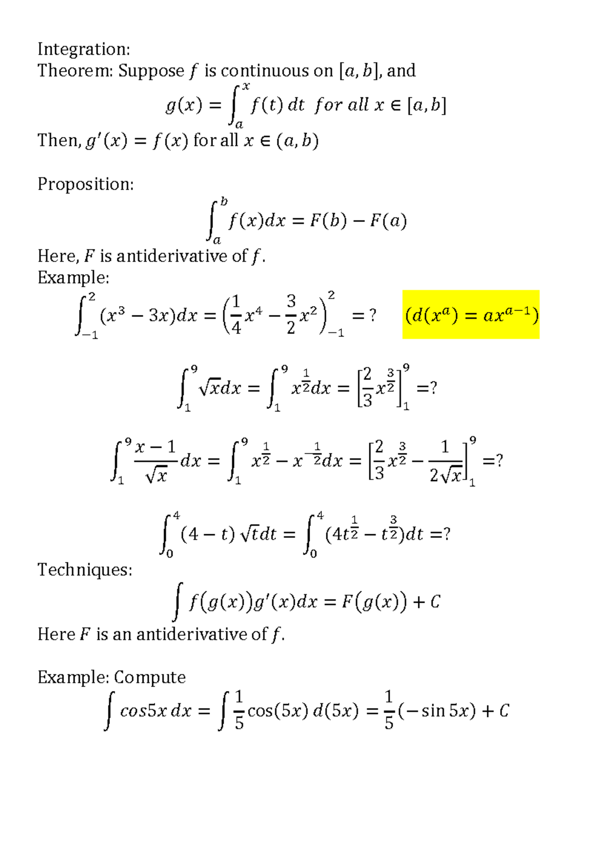 Integration Techniques and Examples: Continuous Functions and ...