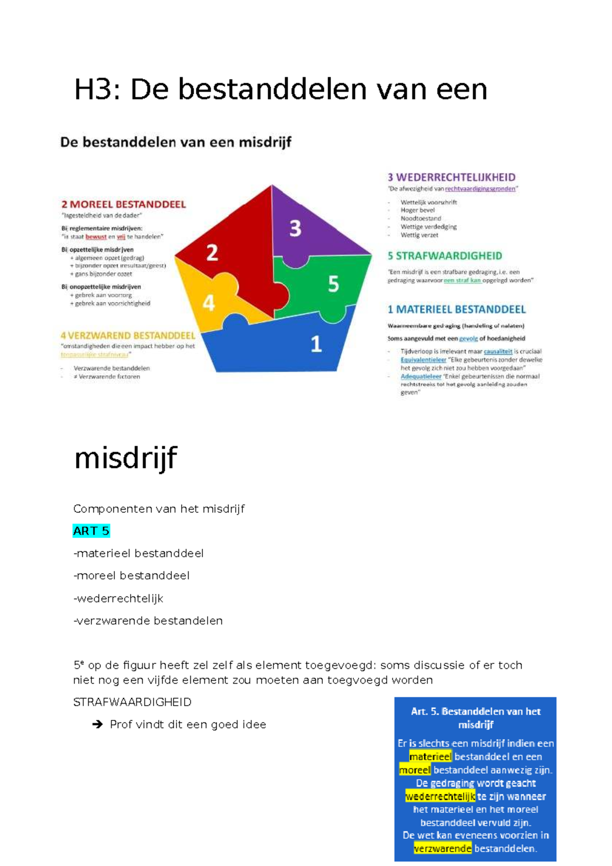 H3: Bestanddelen van een Misdrijf - ART 5 en Wederrechtelijkheid - Studocu