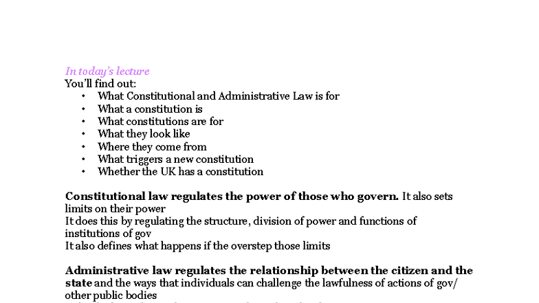 C&A 1: Lecture Notes on Constitutional & Administrative Law - Studocu