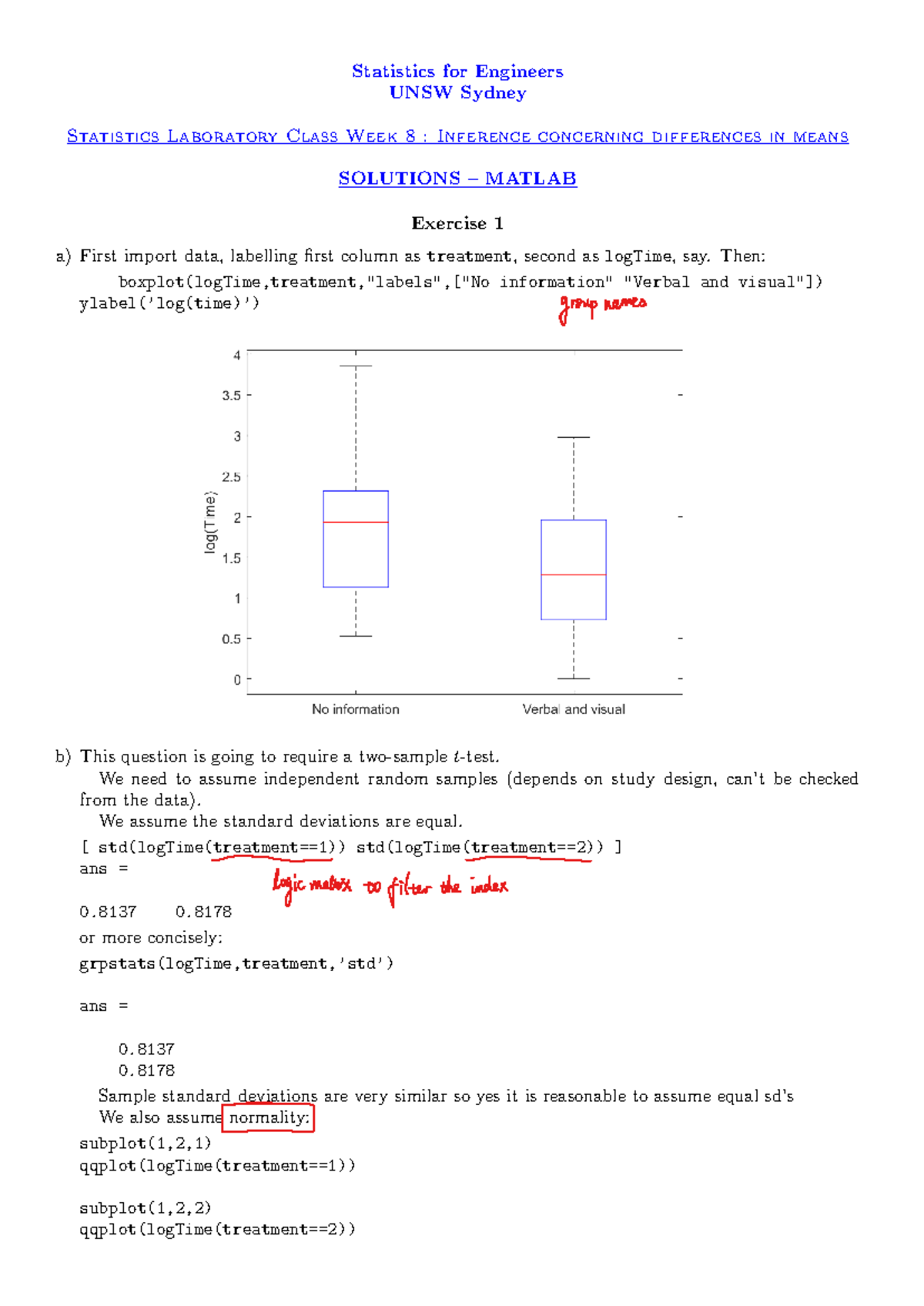 Statistics for Engineers UNSW: Lab 8 Solutions & Inference Notes - Studocu