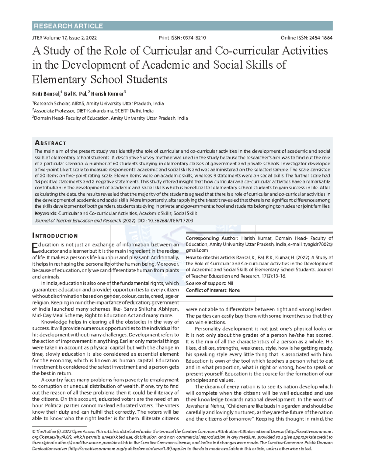 A Study on Curricular Activities' Impact on Academic & Social Skills in ...