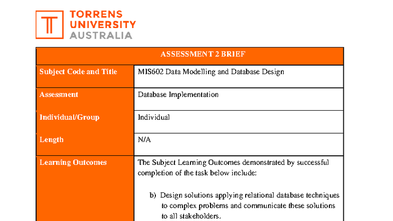 MIS602 Assessment 2 Brief: Database Implementation & SQL Queries - Studocu