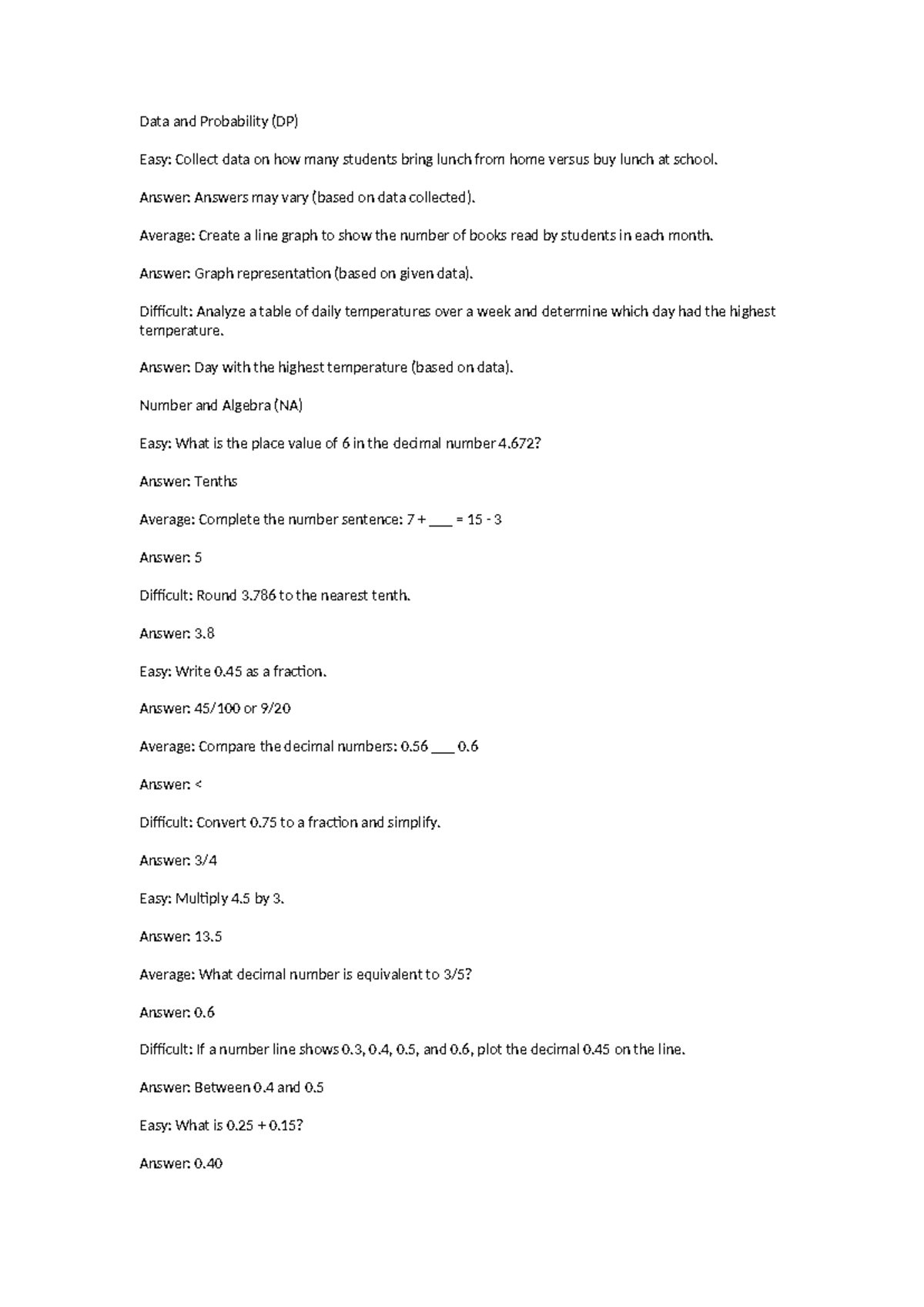 Data and probability (DP) exercises: Student lunch habits and more ...