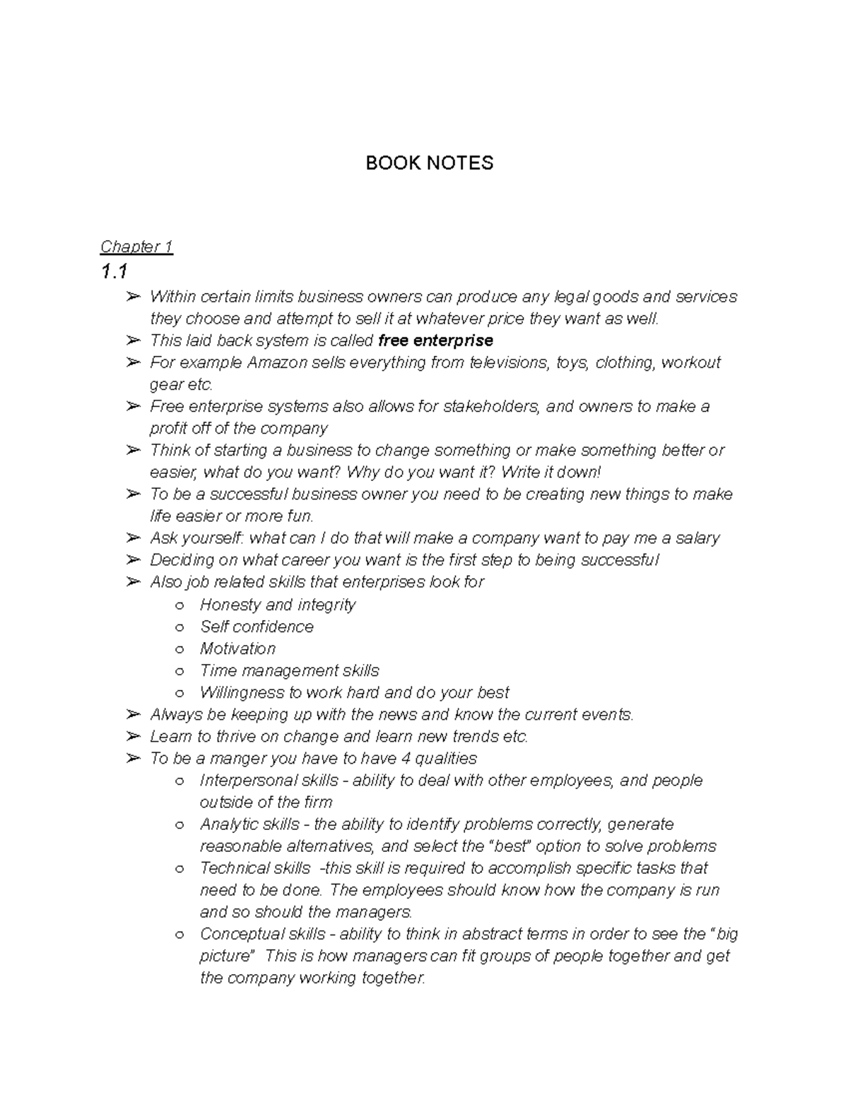 BUS 101: Free Enterprise and Resource Management Book Notes - Studocu