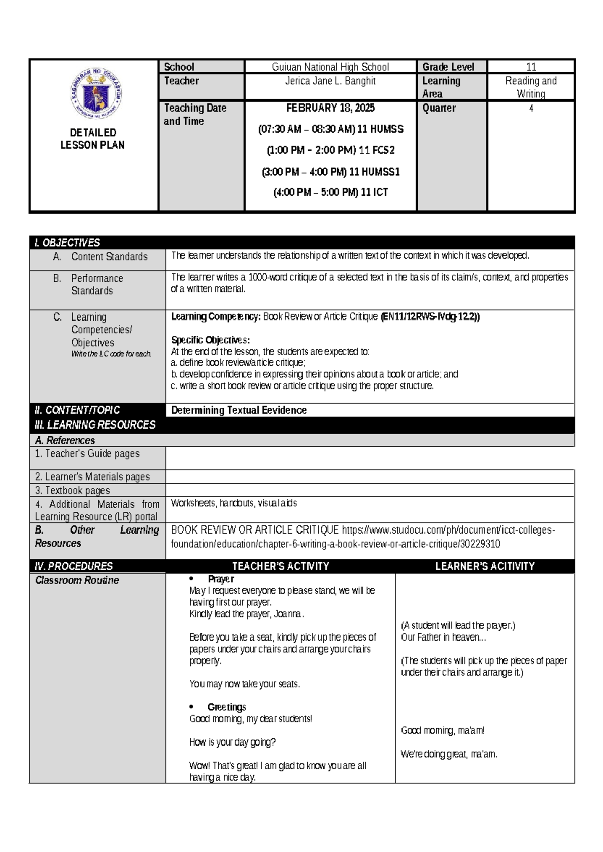 11 HUMSS Detailed Lesson Plan: Book Review & Article Critique - Studocu