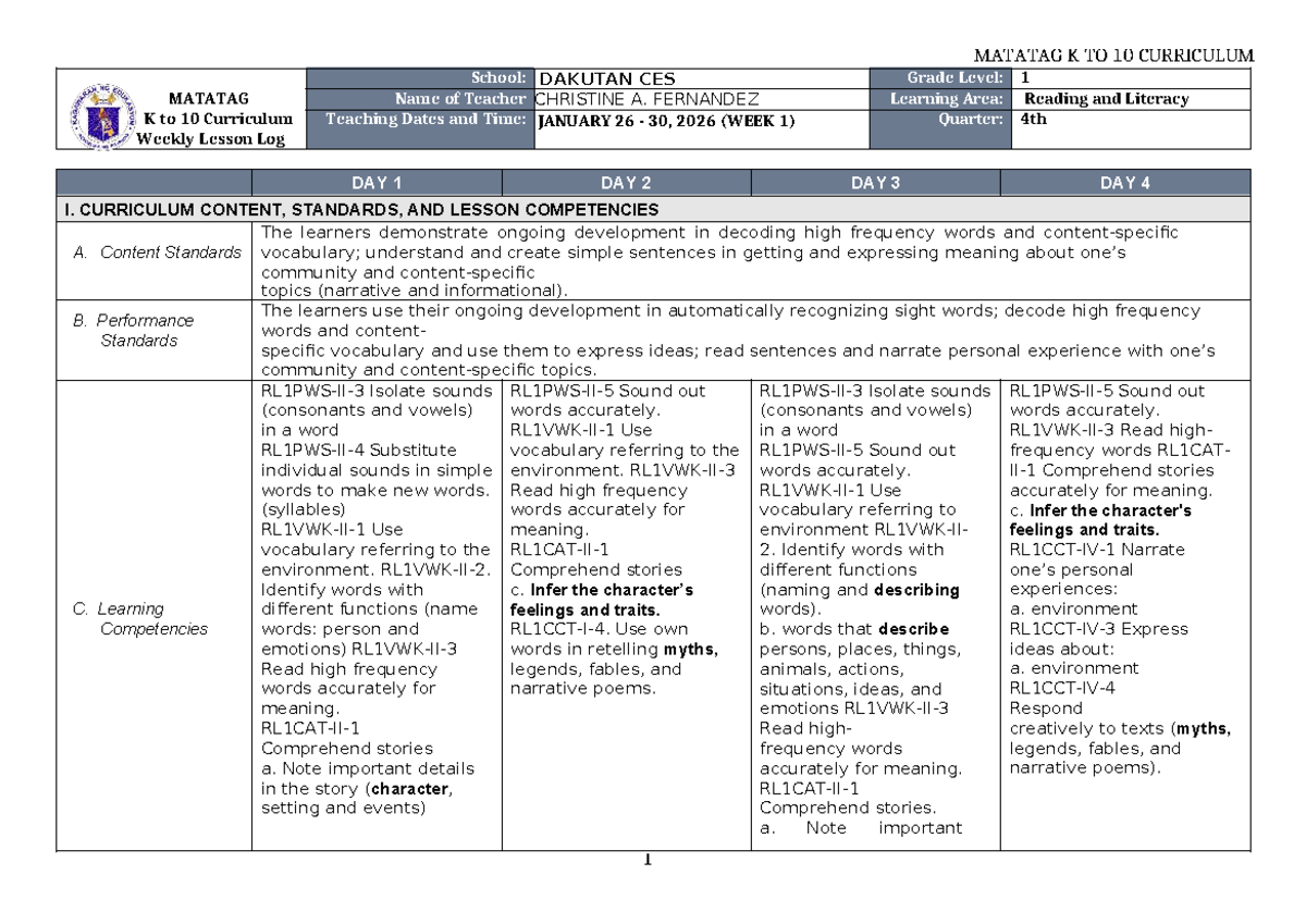 DTC DLL Matatag Reading & Literacy 1 Q4 W1 Weekly Lesson Log - Studocu