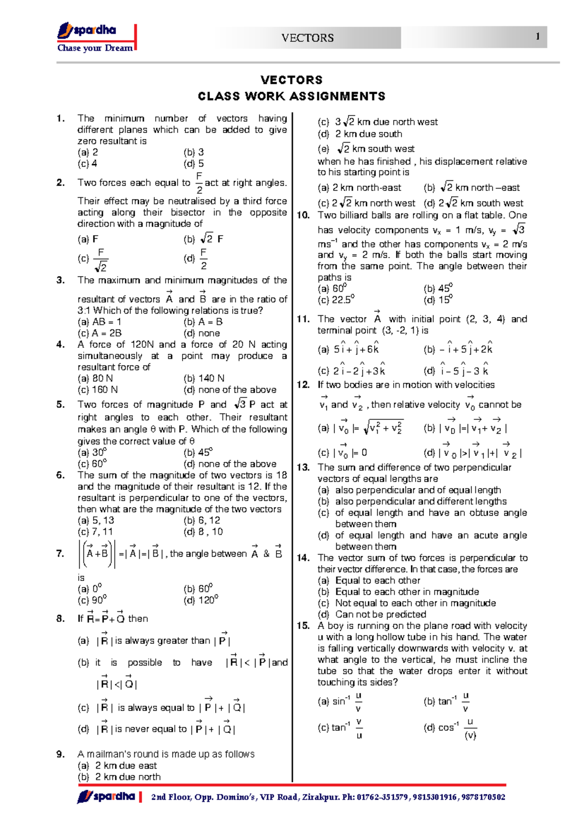 Vectors (Assignment) - Class Work on Vector Concepts and Problems - Studocu