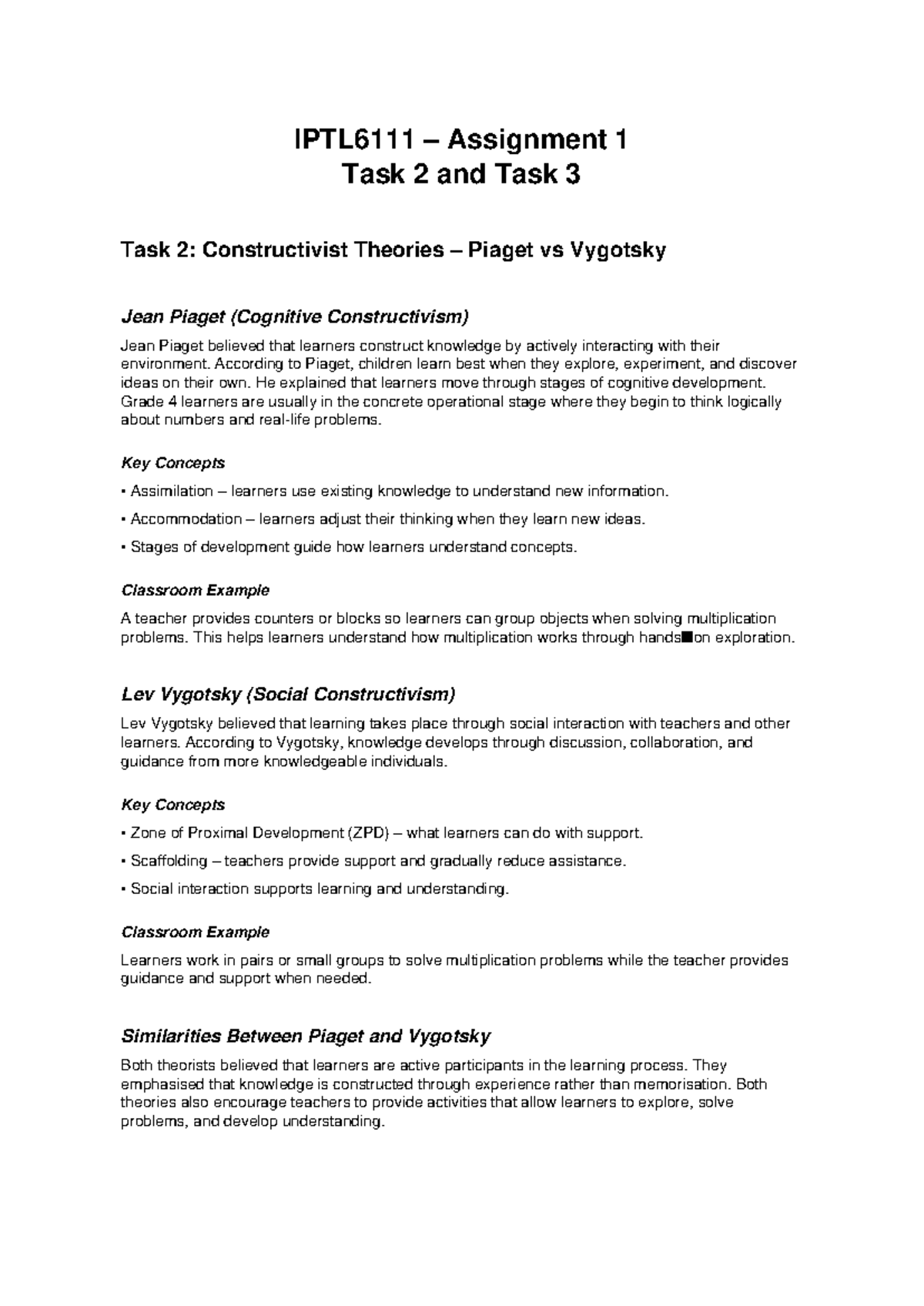 IPTL6111 Assignment 1: Constructivist Theories of Piaget & Vygotsky ...