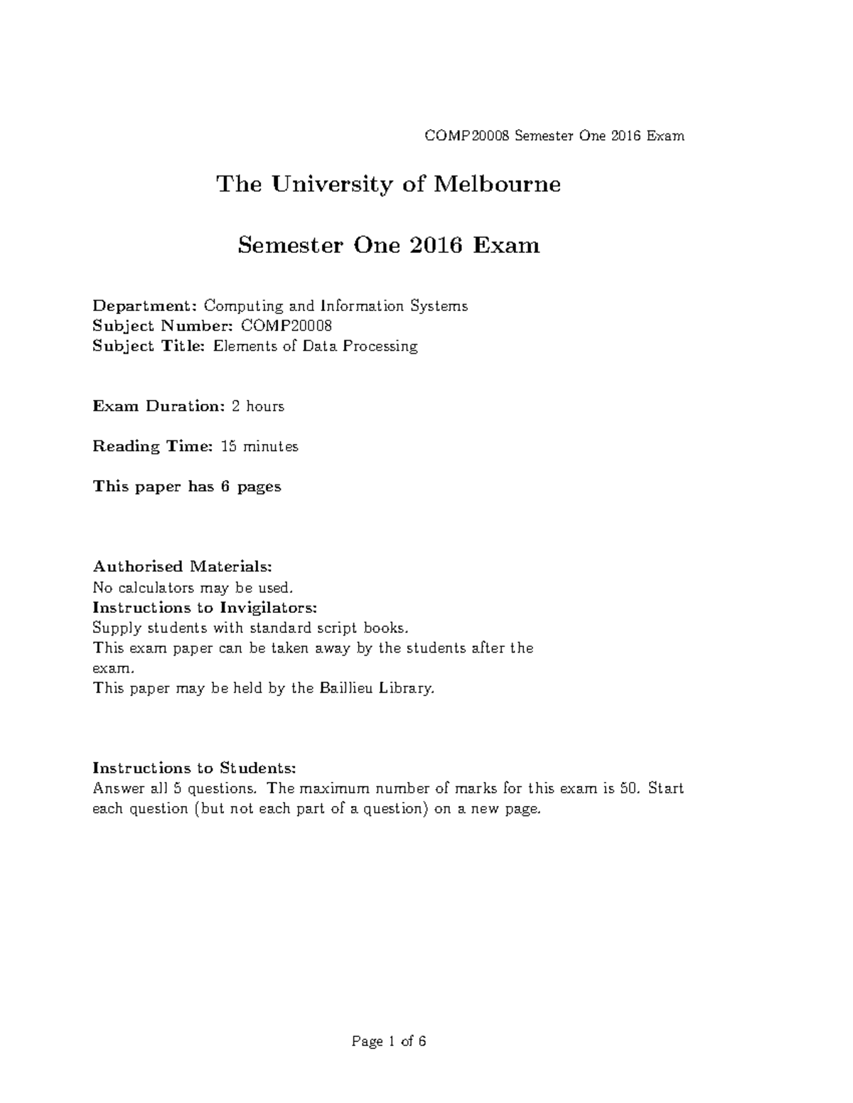 COMP20008 2016 Exam - The University of Melbourne Semester One 2016 ...