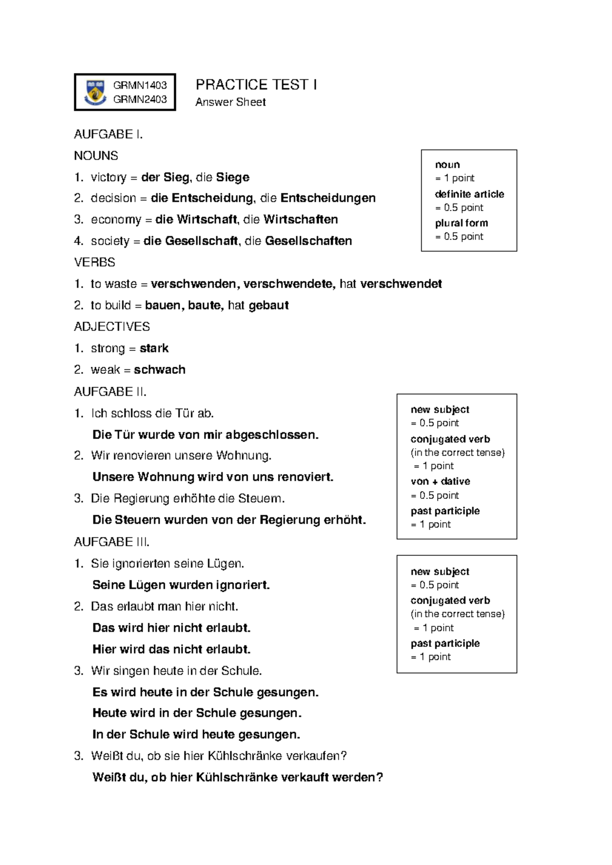 GRMN1403 GRMN2403 PRACTICE TEST I Answer Sheet - Studocu