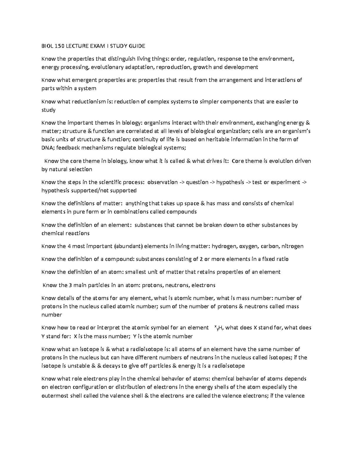 BIOL 150 Lecture Exam I Study Guide: Key Concepts and Definitions - Studocu