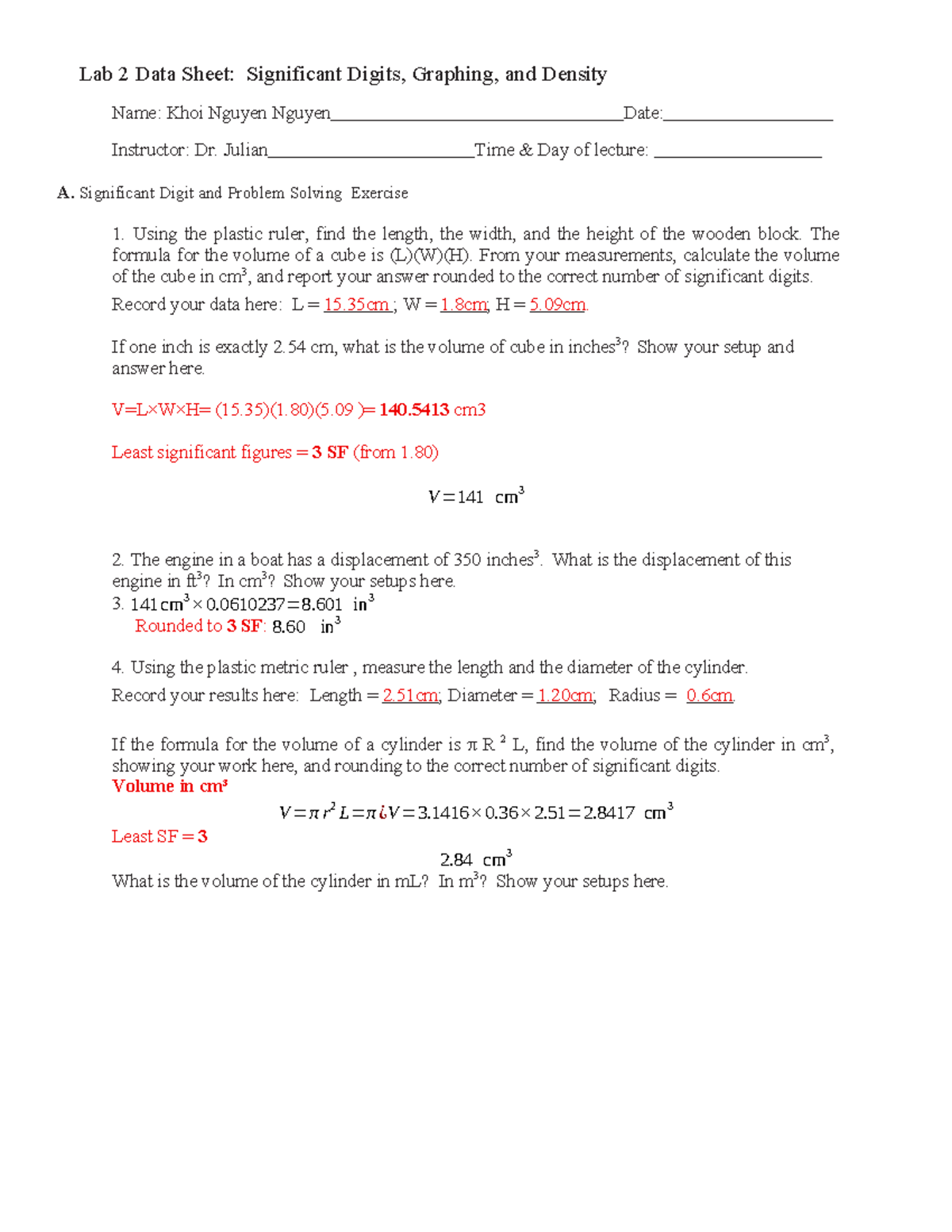 Lab 2: Significant Digits, Graphing, and Density Analysis - Studocu