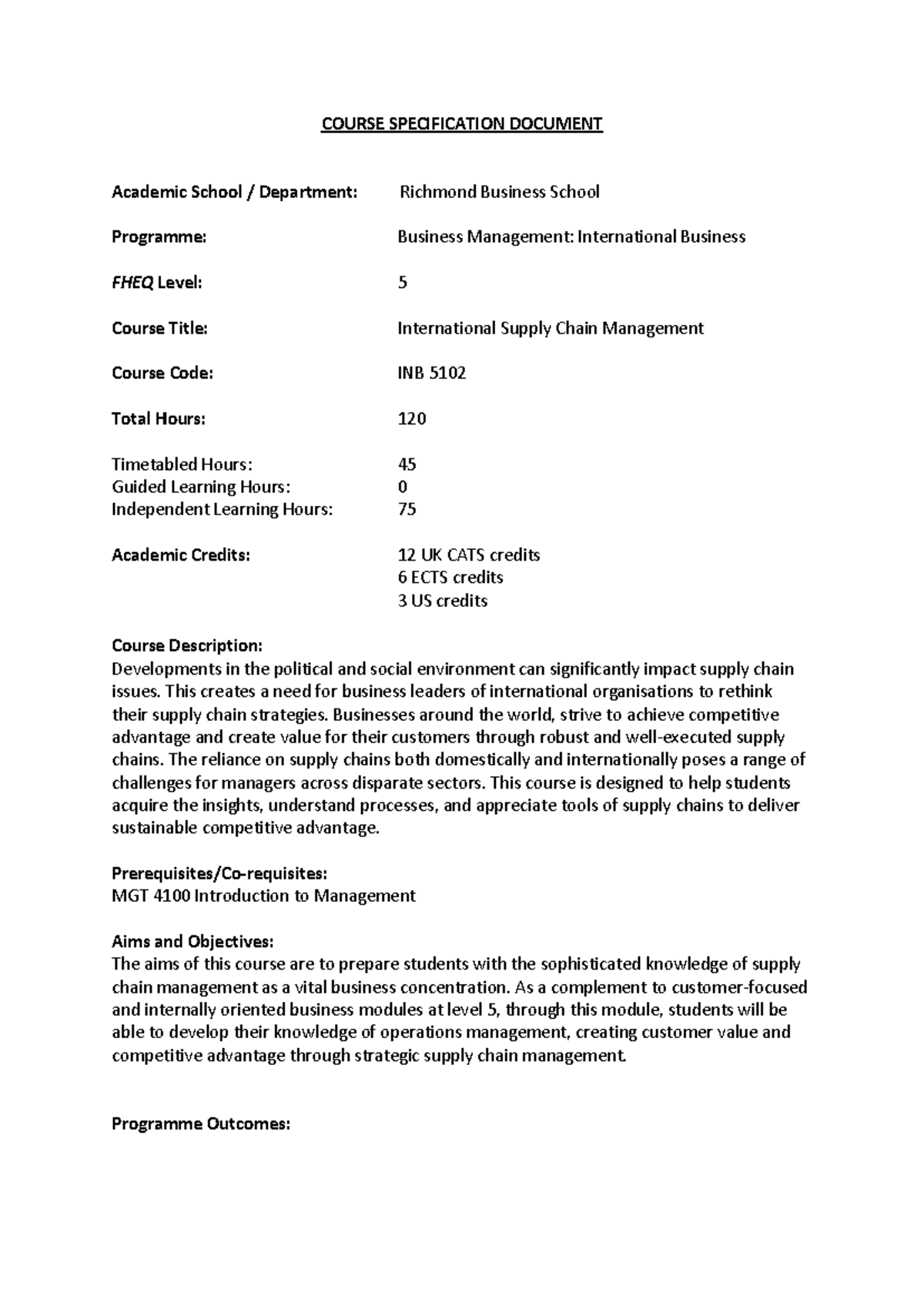 INB 5102 International Supply Chain Management Course Overview - Studocu