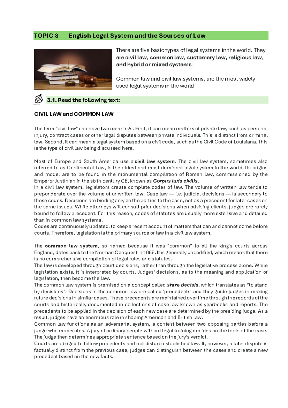 Topic 3 - English Legal System: Civil and Common Law Overview - Studocu