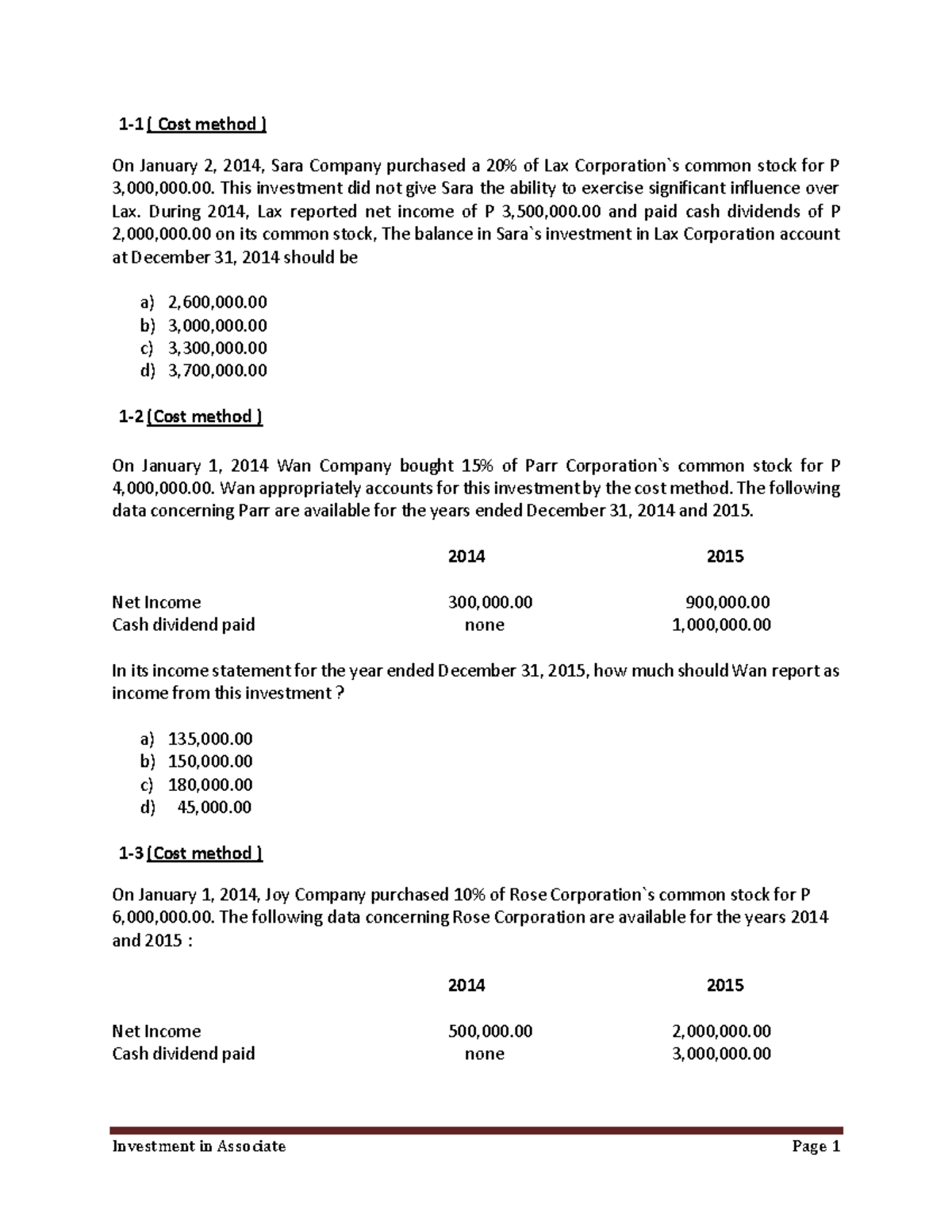 Investment in Associate - Problems (Cost & Equity Method) - Studocu