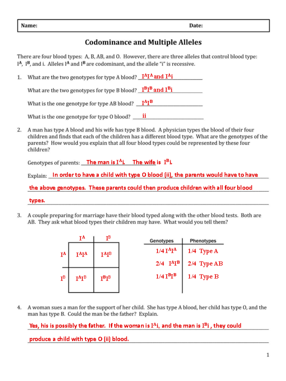 Codominance Answer Key: Blood Type Genetics Analysis - Studocu