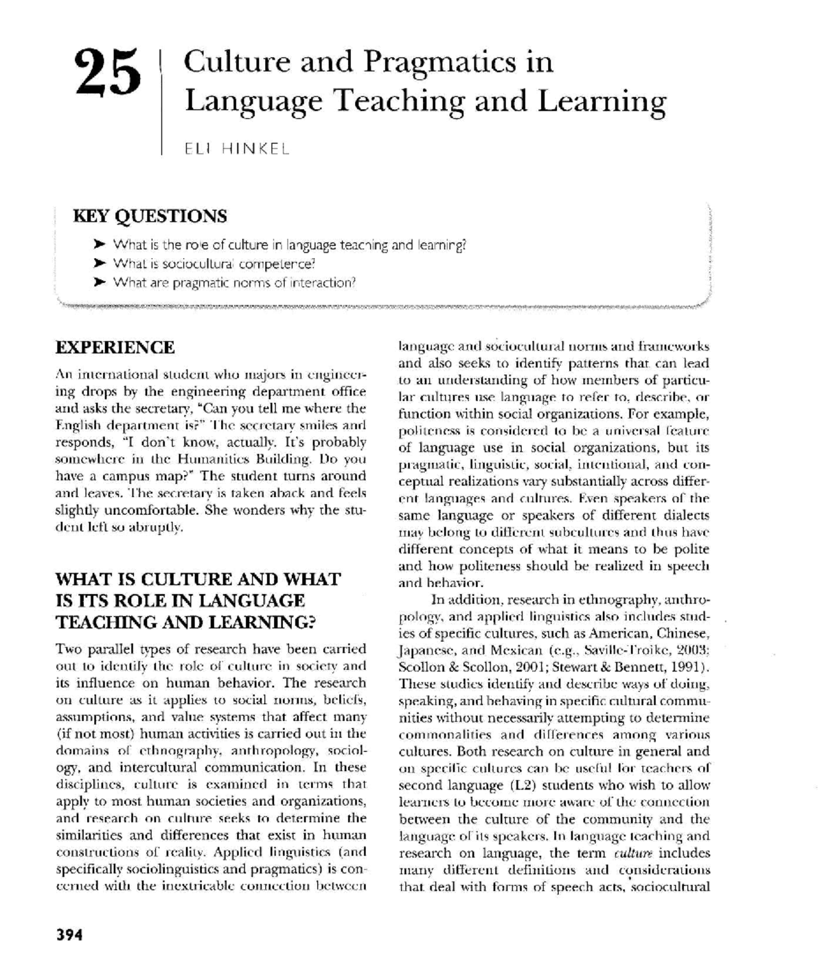 Chapter 25: Culture and Pragmatics in Language Teaching (ELI HINKEL ...