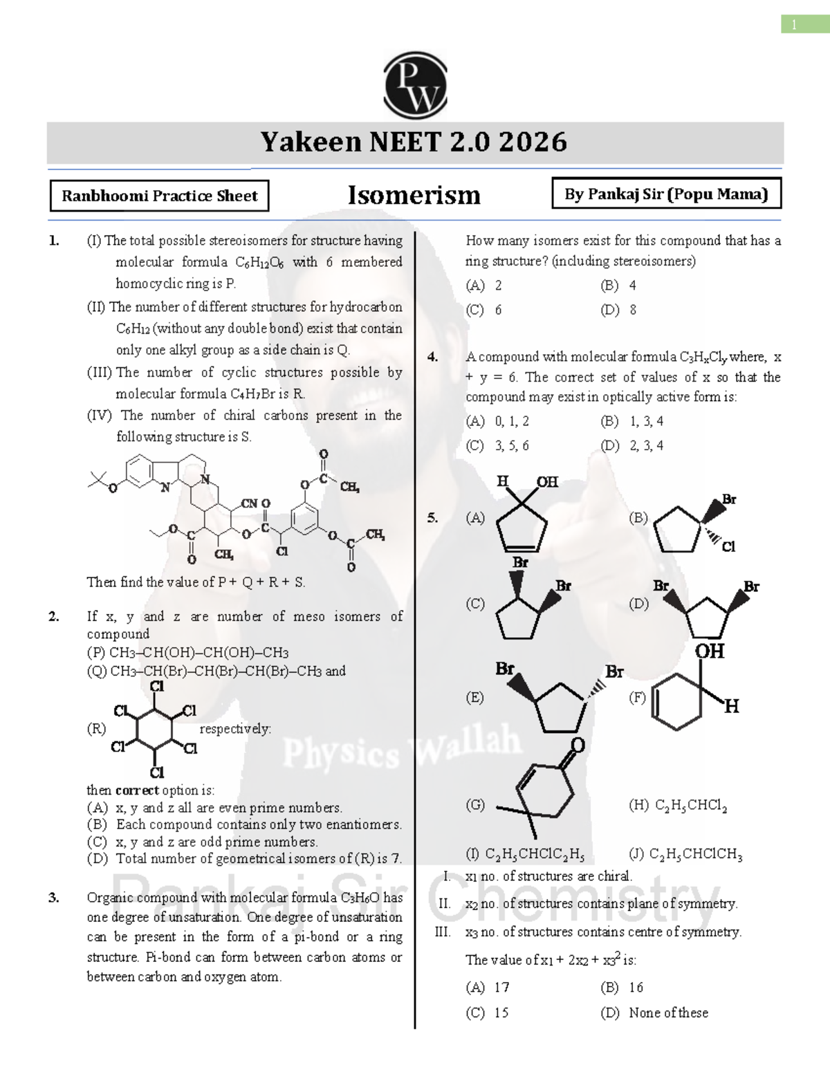 Yakeen NEET 2.0 2026 Ranbhoomi Practice Sheet: Isomerism in Organic ...