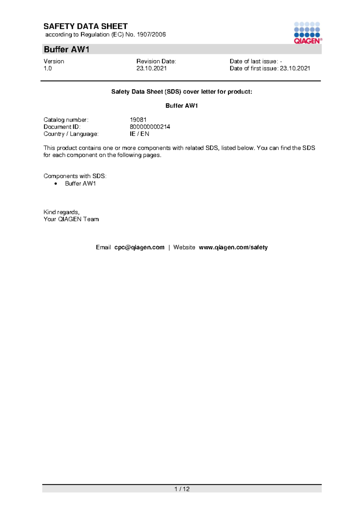 Safety Data Sheet (SDS) for Buffer AW1 - Version 1.0 - Studocu