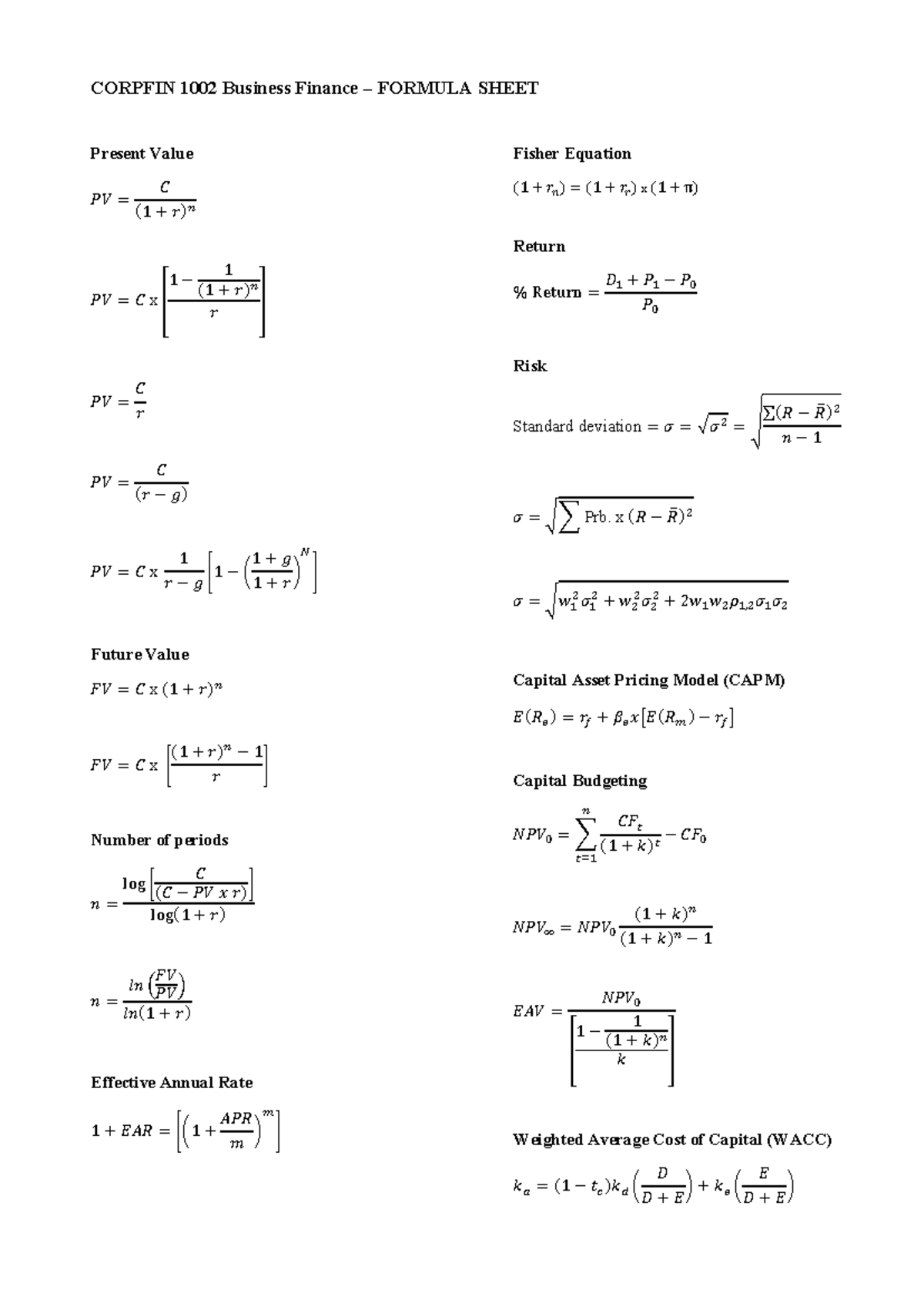 CORPFIN 1002 Business Finance Formula Sheet & Practice Questions - Studocu