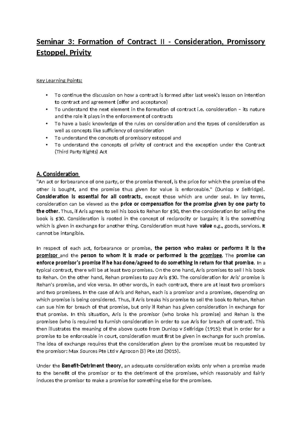 Seminar 3 Notes - Seminar 3: Formation of Contract II - Consideration ...