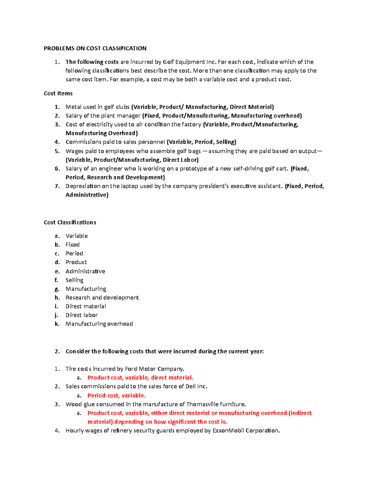 Chapter 2 Solutions: Cost Classification Exercises (ACC 101) - Studocu