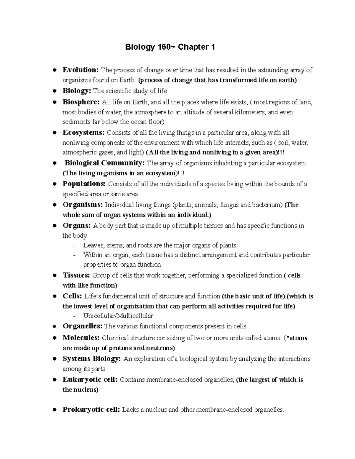 Biology 160: Chapter 1 - Fundamentals of Life and Evolution Concepts ...