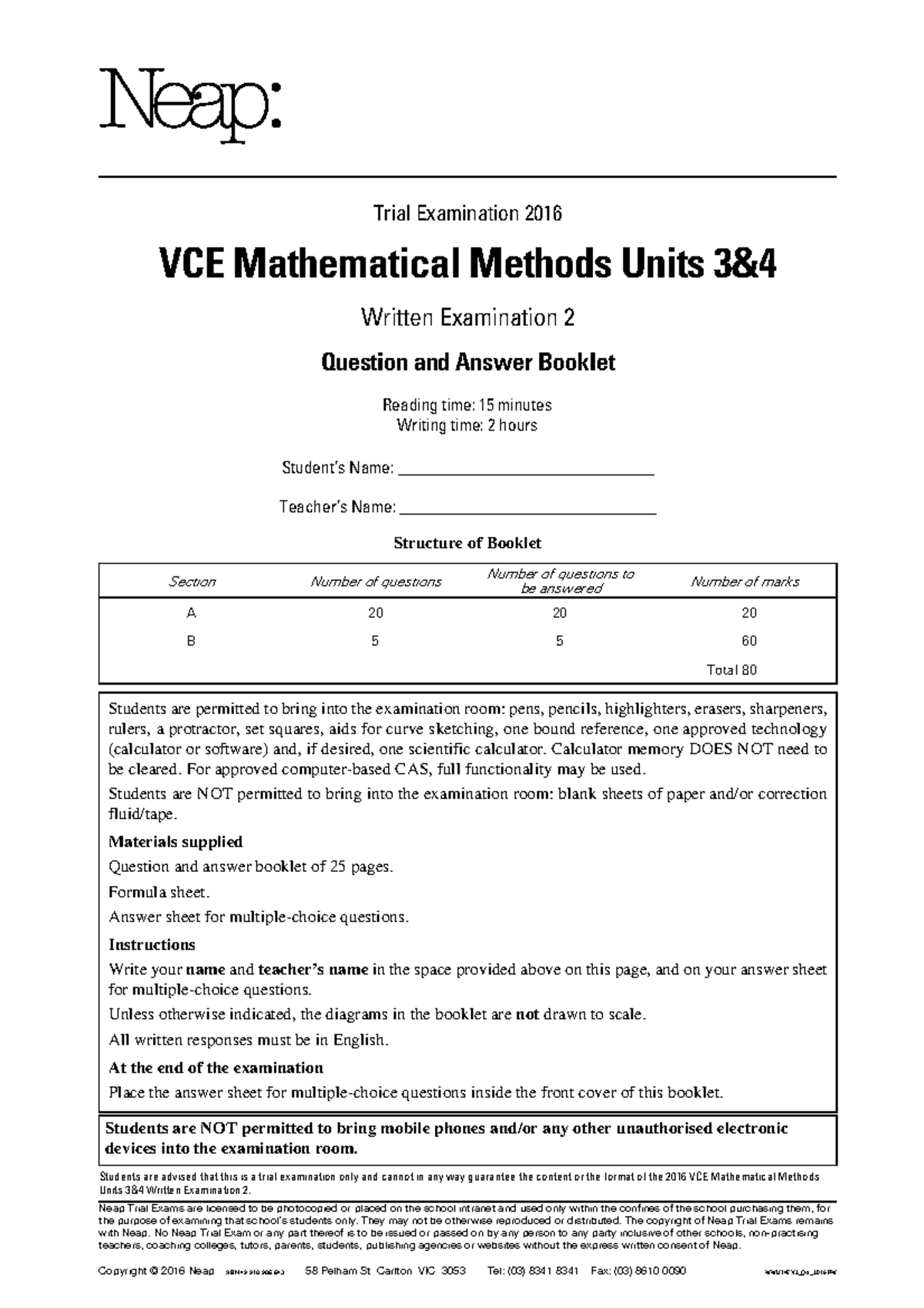 Maths Methods Units 34 Exam 2 Questions Booklet - Neap Trial Exams are ...