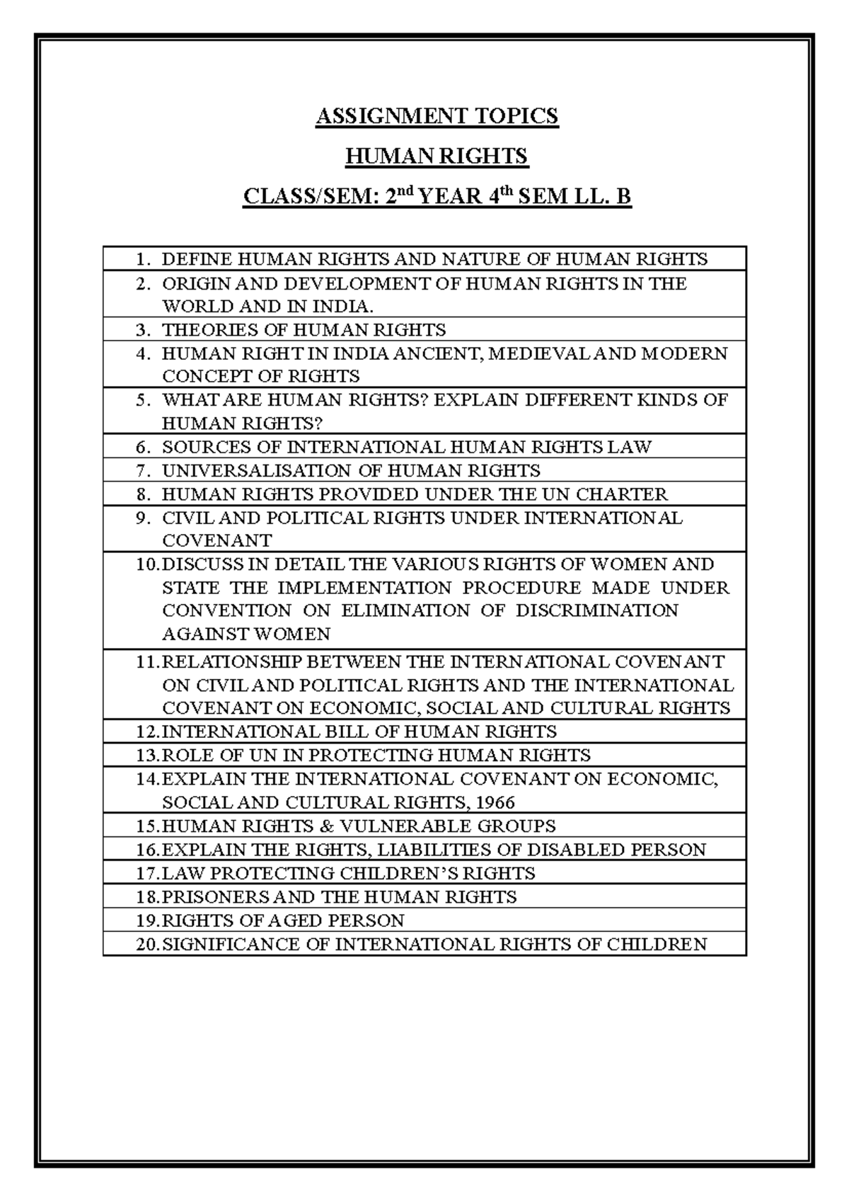 Human Rights Assignment Topics - LL.B 2nd Year 4th Sem - Studocu