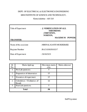 Exp 2- Verification OF ALL Theorems- ( Thevenin, Norton, Maximum Power)