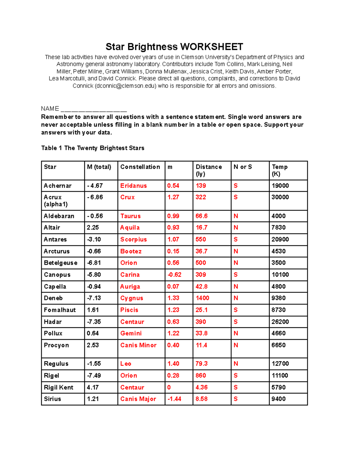 Star Brightness worksheet complete - Star Brightness WORKSHEET These ...