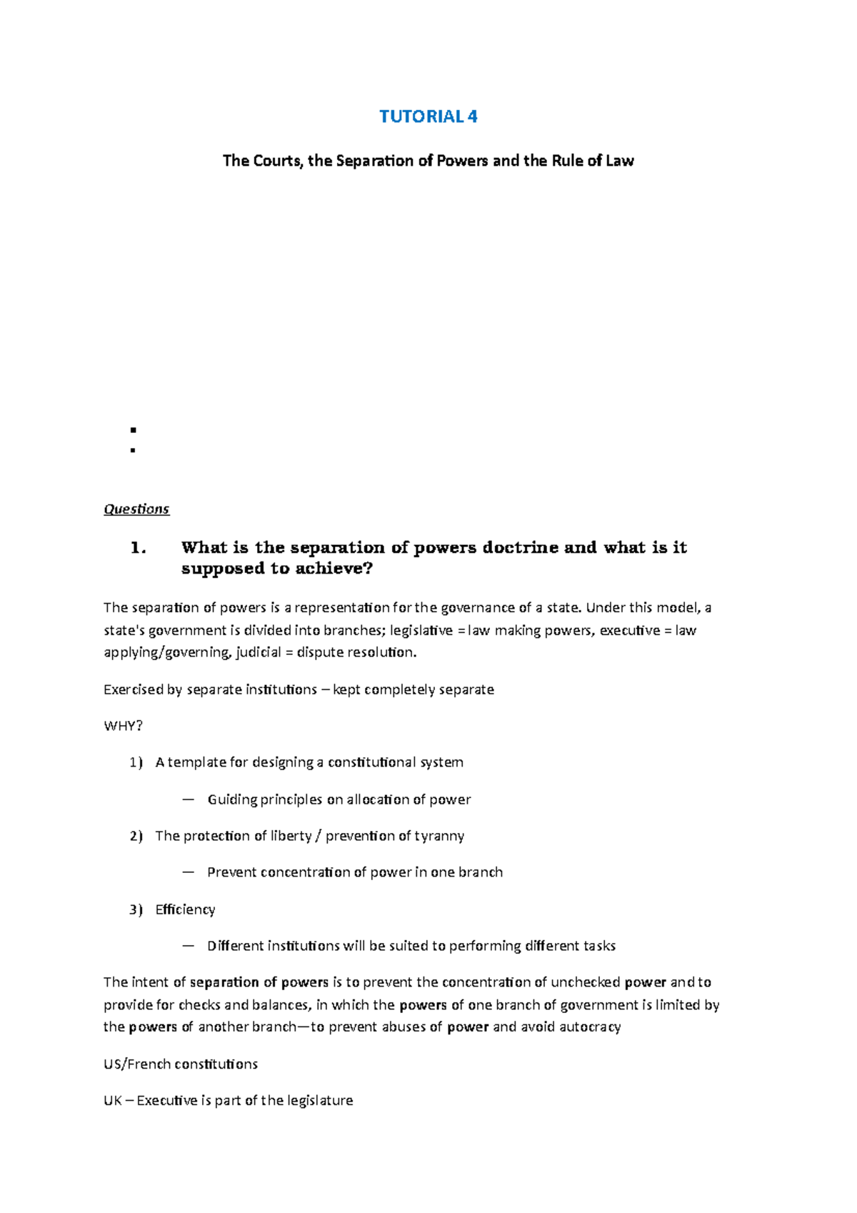 Tutorial 4 - tut 4 - TUTORIAL 4 The Courts, the Separation of Powers ...