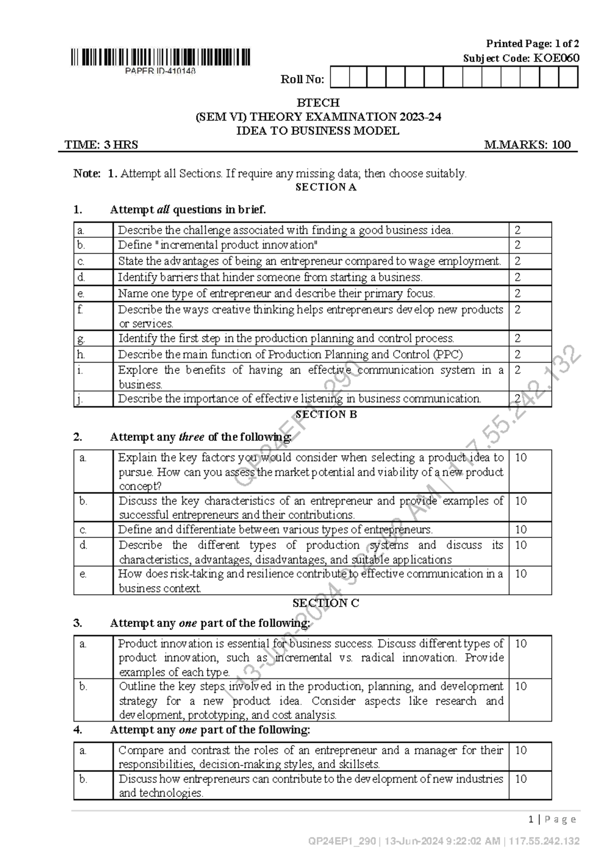 KOE060 - BTECH SEM VI Theory Exam: Idea to Business Model Notes - Studocu