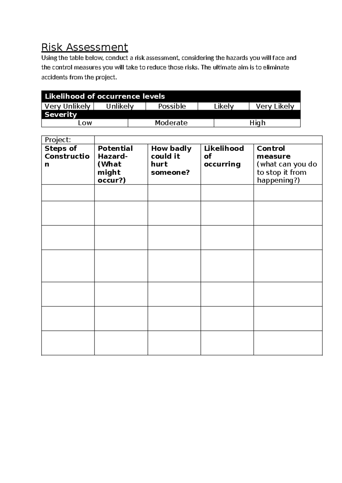 Risk Assessment Template - Risk Assessment Using the table below ...