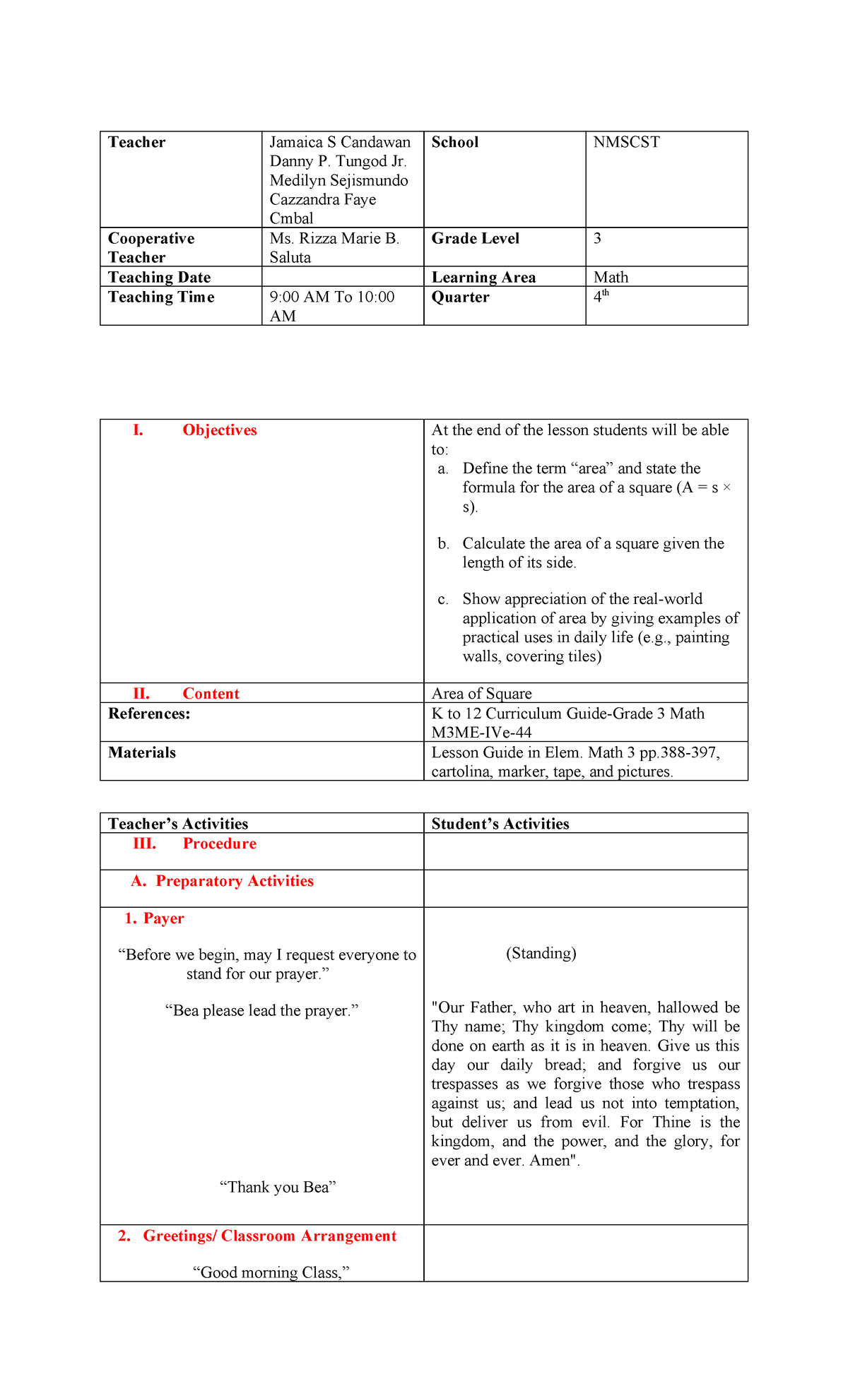 Math 3 Lesson Plan: Area of a Square - 4th Quarter - Studocu