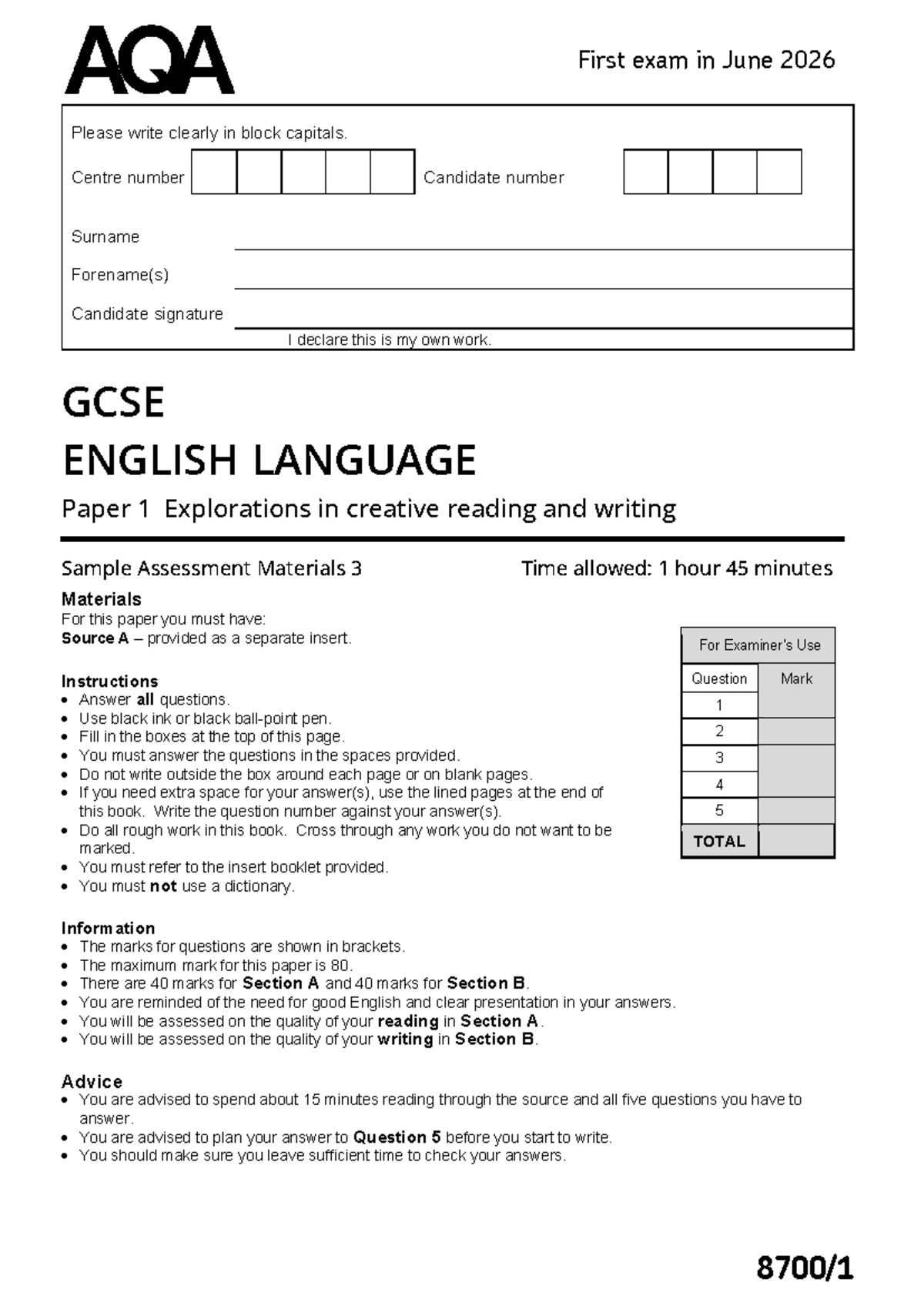 GCSE ENGLISH LANGUAGE 8700-1 Paper 1 Sample Assessment Materials - Studocu