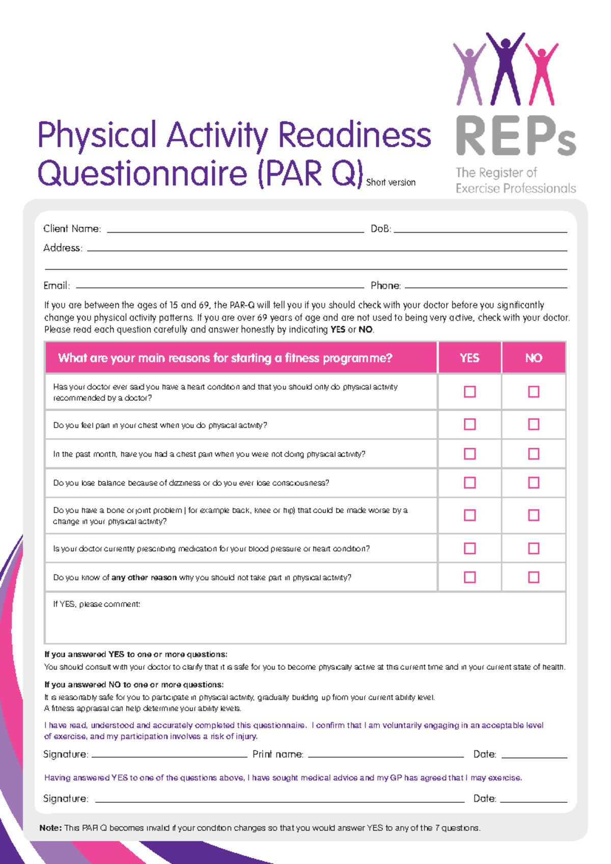 Health Questionnaire (PAR-Q) for Fitness Participation - Studocu