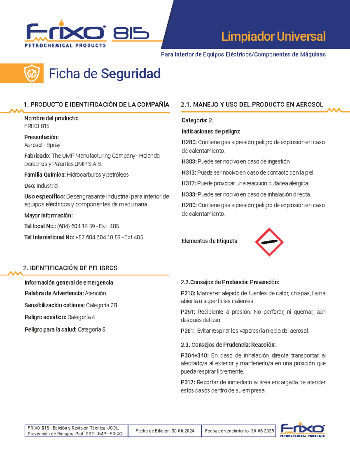 Ficha de Seguridad FRIXO 815: Limpiador Universal para Equipos - Document Preview