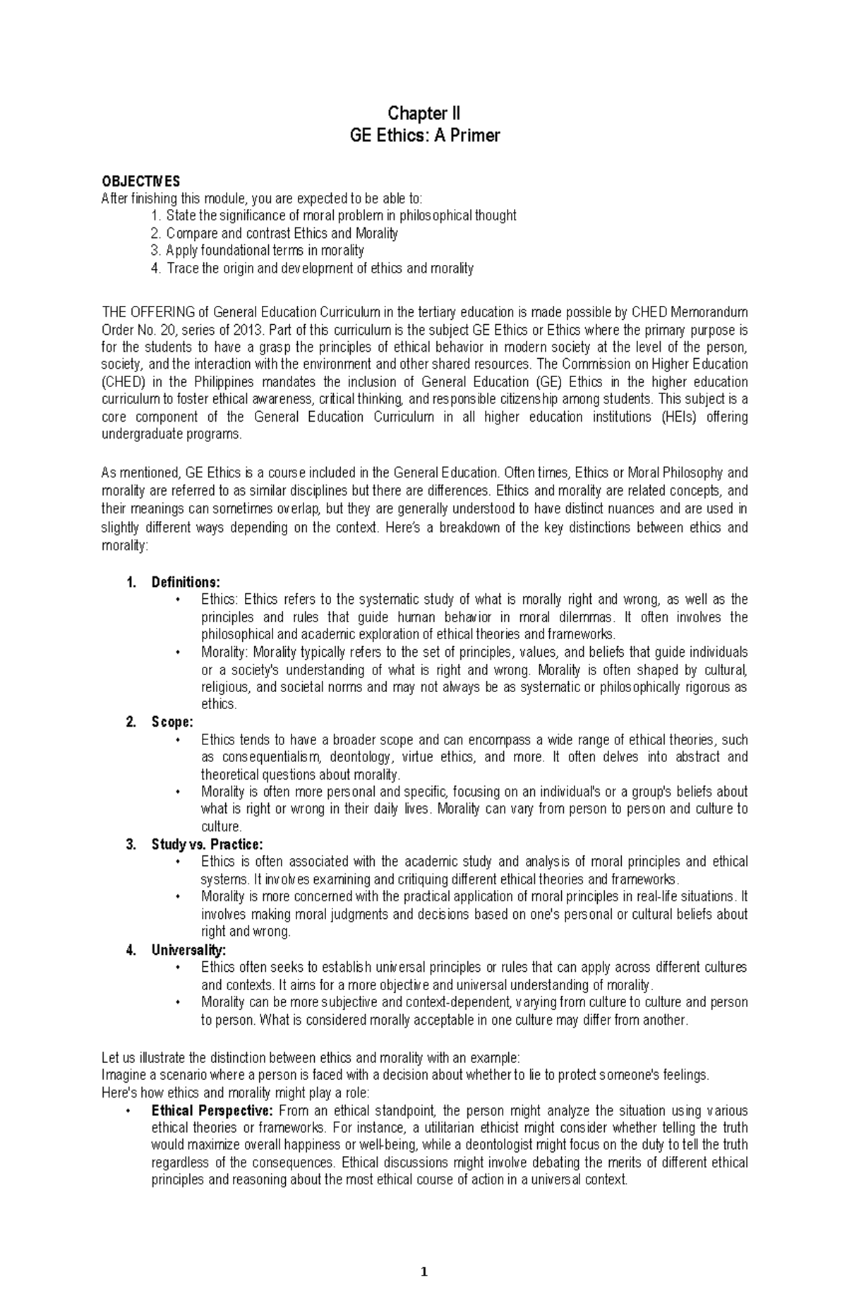 Chapter II: GE Ethics Primer - Understanding Morality and Ethics - Studocu