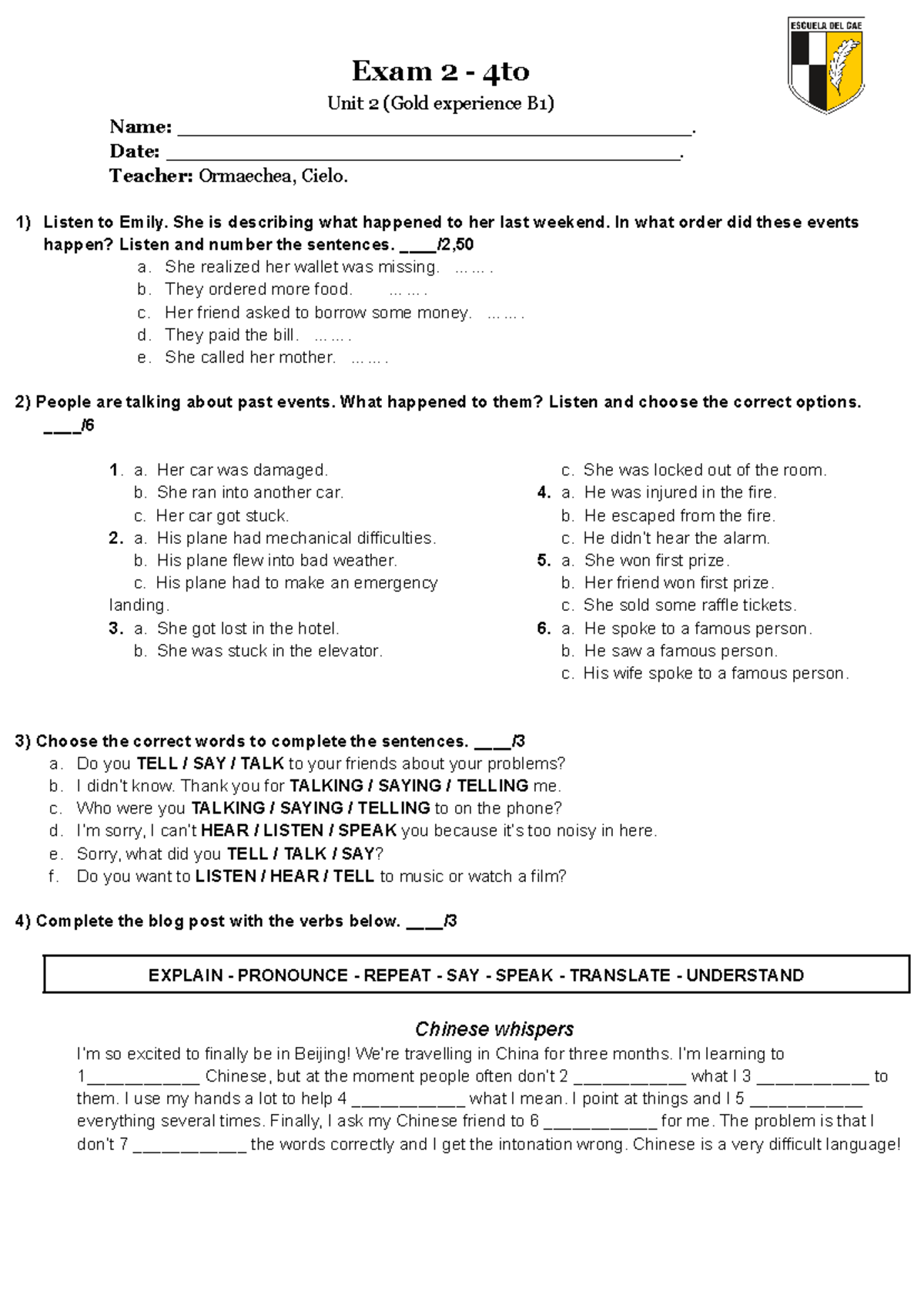 4to CAE - Exam 2 Unit 2 Listening & Speaking Activities - Studocu