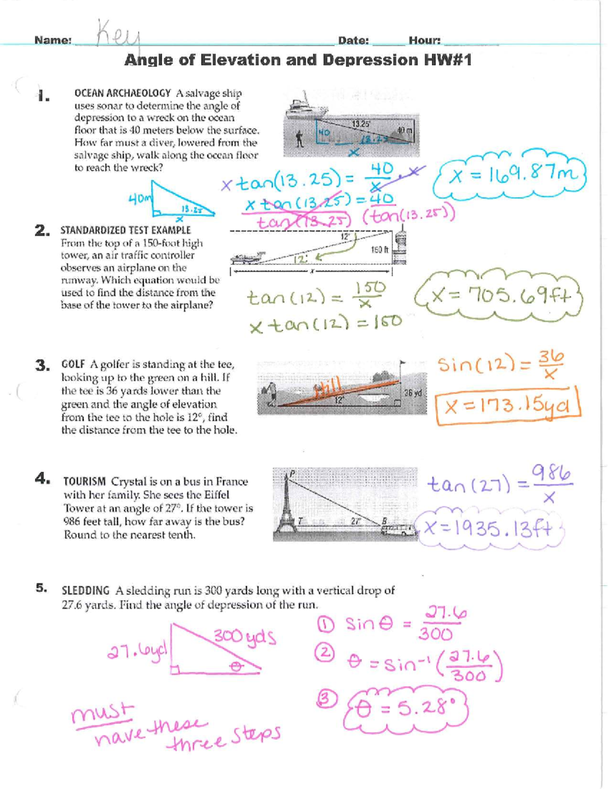 Angle of Elevation and Depression Homework Day 1 Key - Studocu