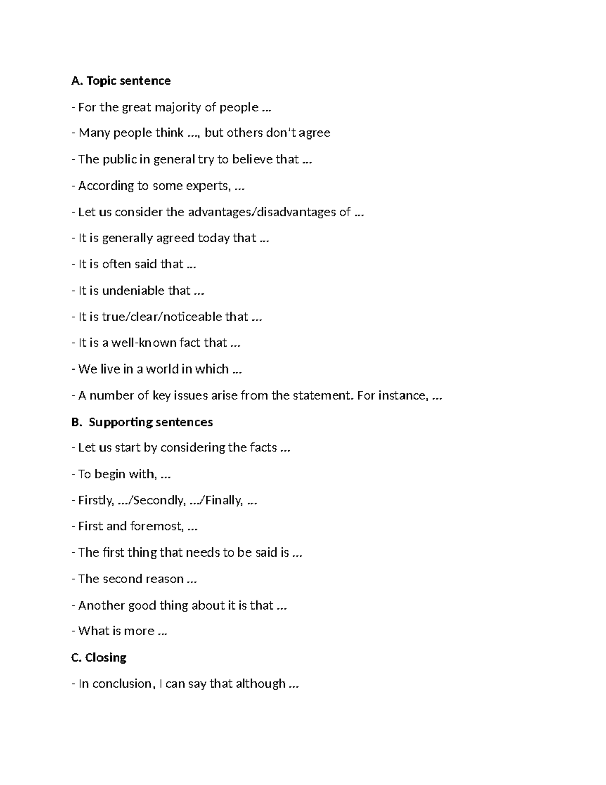 Essay Notes: Topic Sentences and Supporting Arguments (ENG101) - Studocu
