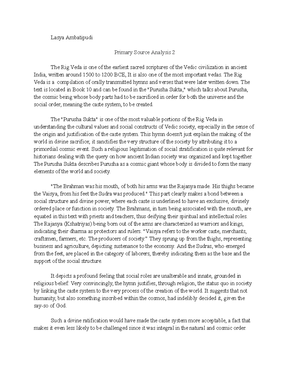 Primary Source Analysis 2: Understanding the Purusha Sukta in the Rig ...