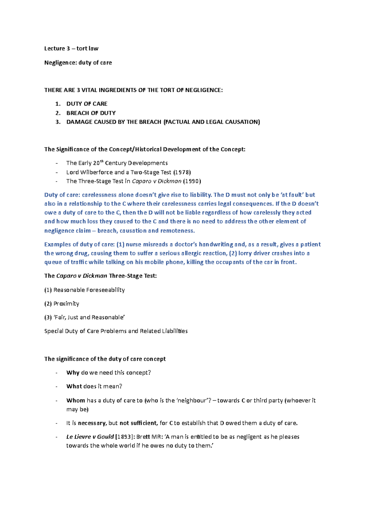 Lecture 3: Understanding the Duty of Care in Tort Law - Studocu