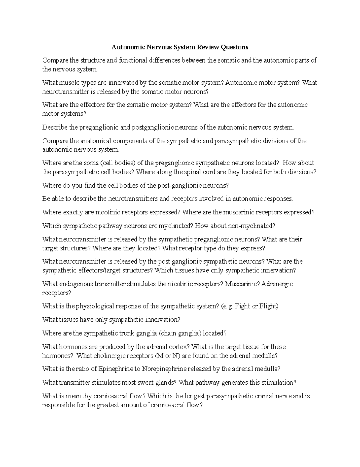 Review Questons Autonomic Nervous System - Autonomic Nervous System ...