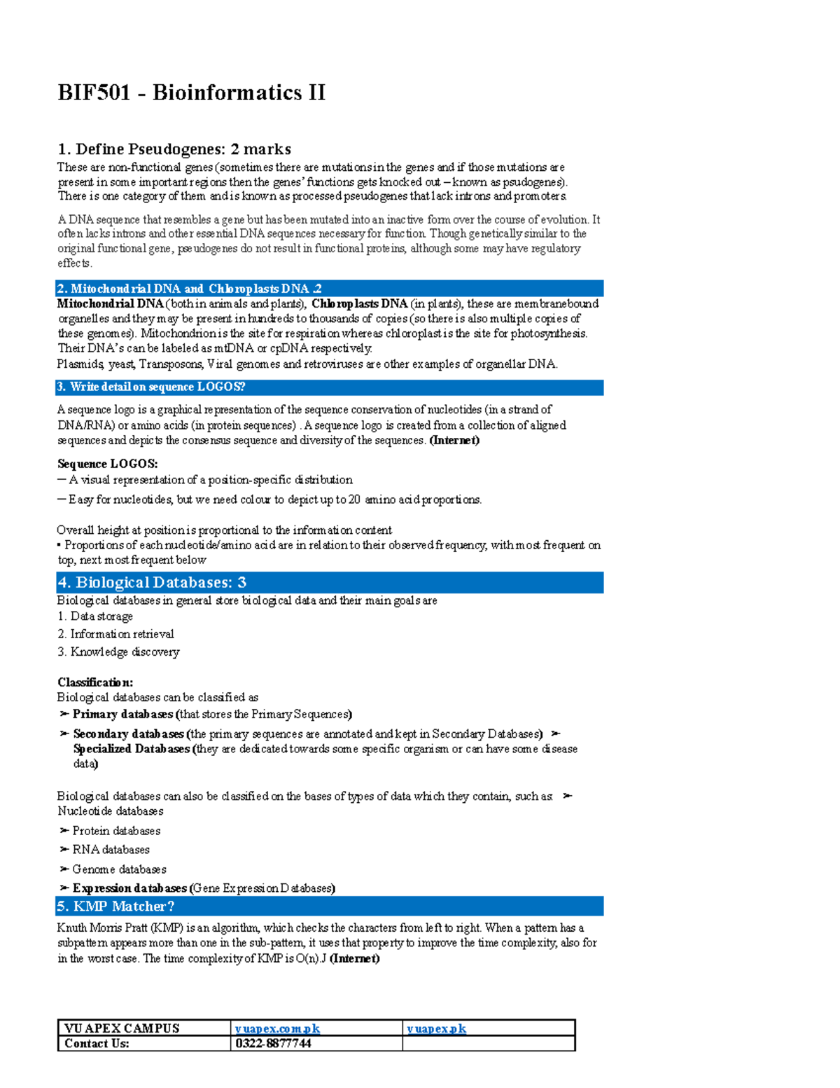 BIF501 Bioinformatics II Midterm Solved Questions December 2019 - Studocu
