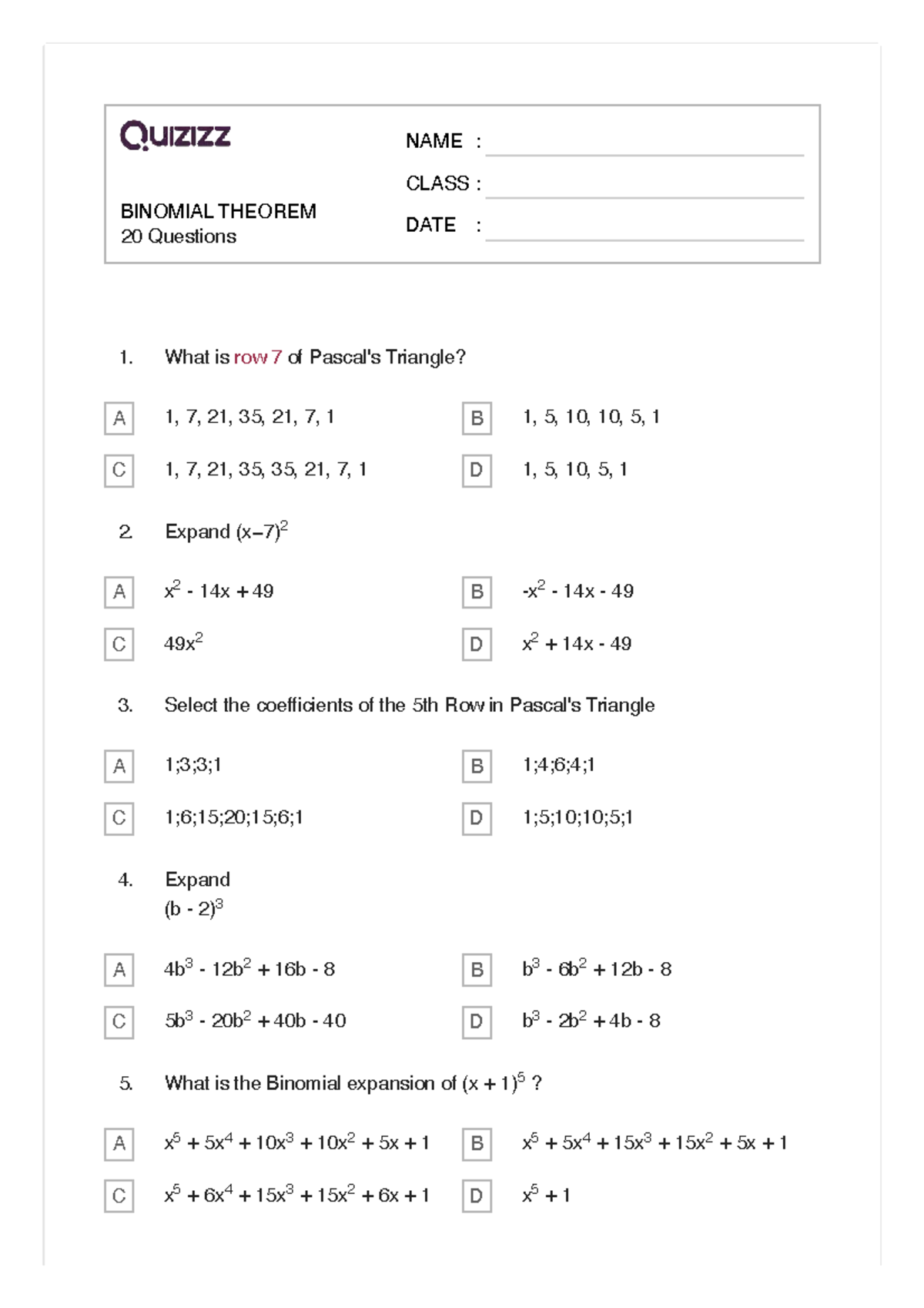 Binomial Theorem Quiz - 20 Questions (MATH 101) - Studocu
